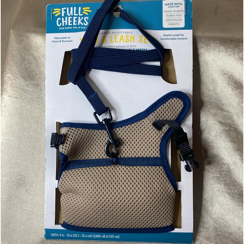 Full Cheeks Small Pet Harness. Tan with navy trim. NWT!